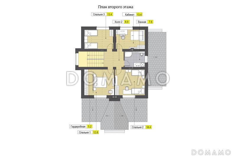 Проект дома с верандой c барбекю, кладовой под лестницей, парной и душевой, кабинетом и спальнями на мансардном этаже / План мансардного этажа