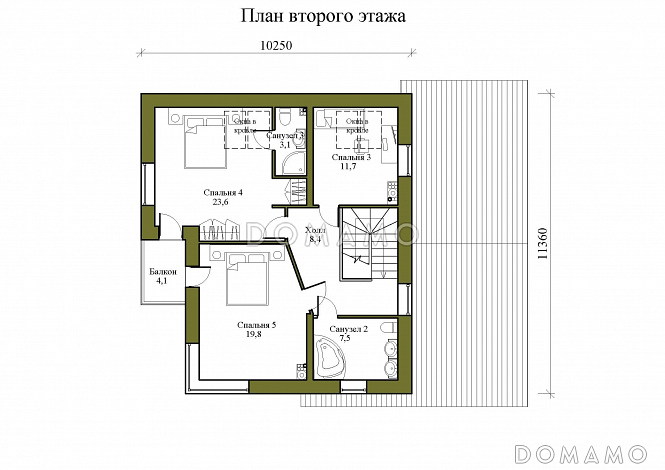 Проект двухэтажного дома из газобетона с двускатной крышей с подвалом, террасой и балконом / План 2 этажа