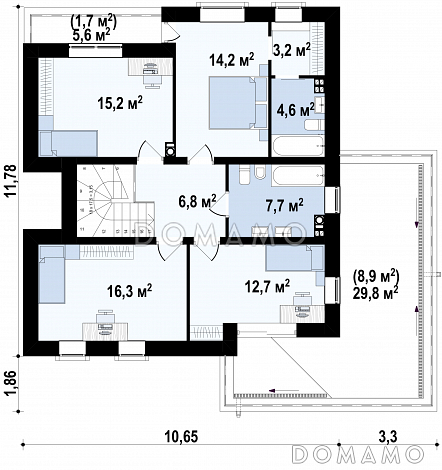 Проект современного двухэтажного дома из газобетона с плоской крышей,  с четырьмя спальнями, кабинетом и гаражом  / План 2 этажа