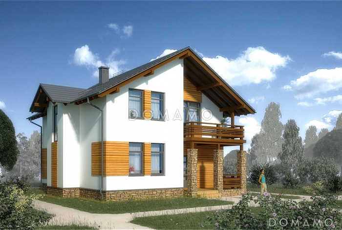 Проект белого дома с эркером кухни и серой кровлей