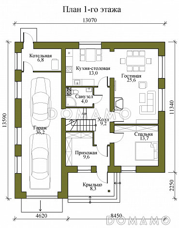 Проект двухэтажного кирпичного дома с гаражом на два машиноместа, тремя спальнями и кабинетом на втором этаже / План 1 этажа