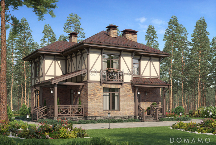 Проект дома по технологии ЛСТК с крытой террасой, кладовой под лестницей. эркерами, гостевой на первом этаже, спальнями и кабинетом на втором этаже