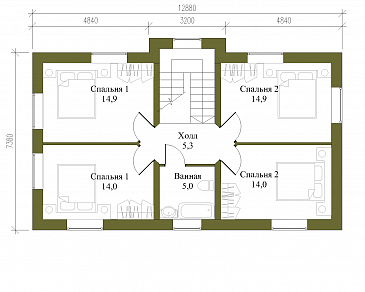 Проект компактного двухэтажного коттеджа из СИП панелей с пятью спальнями / План 2 этажа