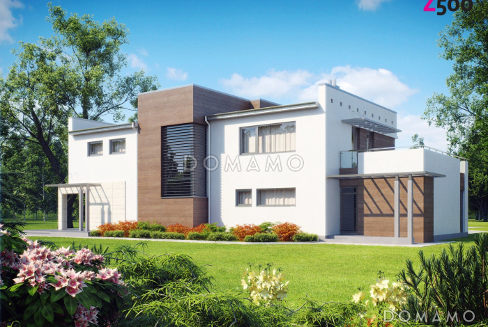 Проект современного двухэтажного дома в стиле хай-тек из газобетона с плоской крышей, балконом и гаражом с двумя отдельными въездами 