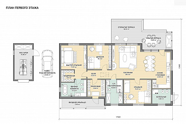 Проект каркасного дома с 3 спальнями, террасой и отдельным хозблоком / План 1 этажа