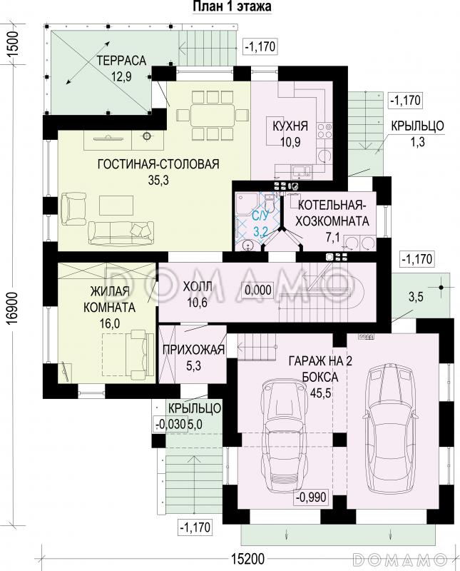 Проект двухэтажного дома из газобетона с подвалом и гаражом на два машиноместа / План 1 этажа