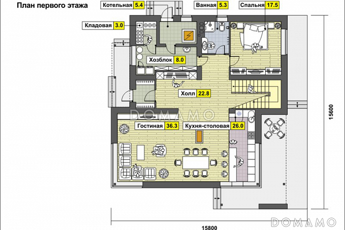 Проект дома со спальней на первом этаже, ванной с окном, вторым светом в гостиной, двумя балконами / План 1 этажа