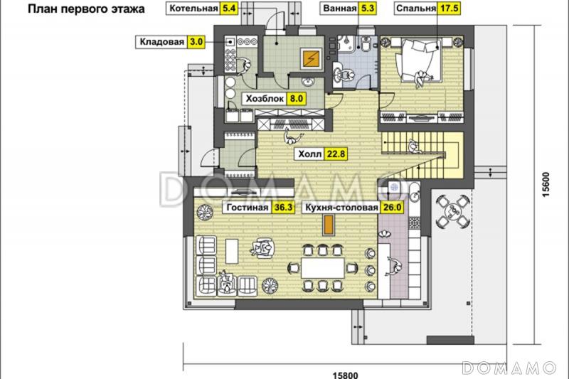 Проект дома со спальней на первом этаже, ванной с окном, вторым светом в гостиной, двумя балконами / План 1 этажа