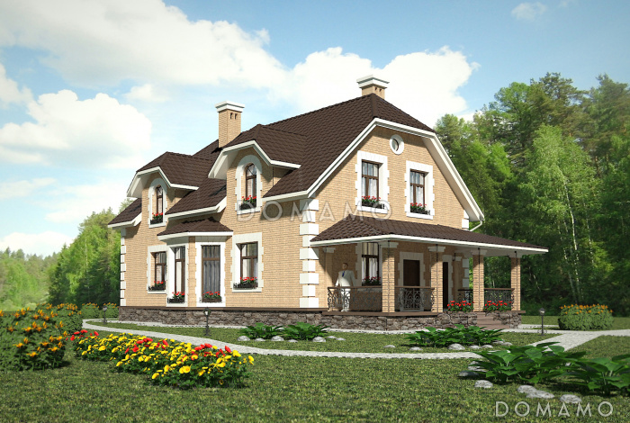 Проект коттеджа с большой террасой и французскими окнами