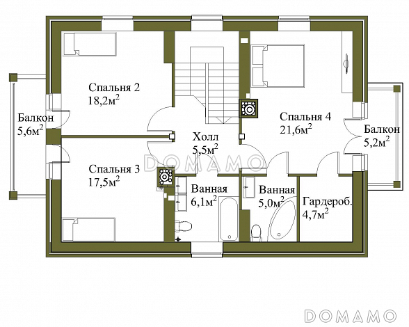 Проект двухэтажного коттеджа с террасой для узкого участка / План 2 этажа