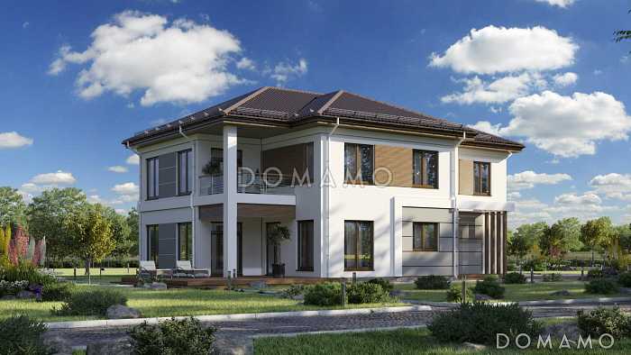 Проект загородного дома с террасой, кладовой в кухне, балконом, детскими комнатами и кабинетом