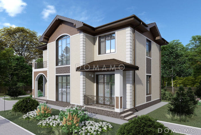 Проект двухэтажного дома с большой гостиной, 4 спальнями, террасой и балконом