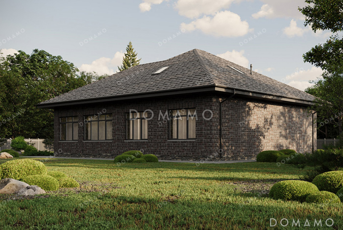 Проект практичного одноэтажного дома с крытой террасой, застекленной верандой, тремя спальнями, кабинетом и тремя санузлами