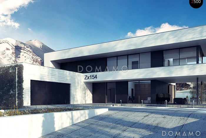 Проект просторного современного двухэтажного дома из кирпича с плоской крышей,  с верандой, гаражом и террасами на обоих этажах