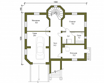 Проект двухэтажного коттеджа с остеклённой верандой / План цокольного этажа