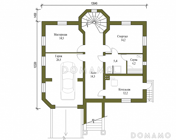 Проект двухэтажного коттеджа с остеклённой верандой / План цокольного этажа