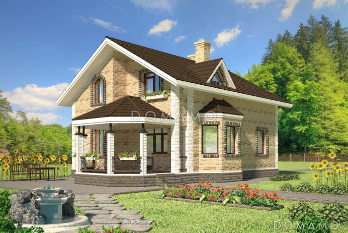 Проект коттеджа из газобетона с эркером и террасой.