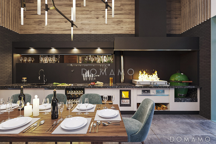 Проект современного дома с террасой и верандой, 3 спальнями, хамамом и навесом для автомобилей