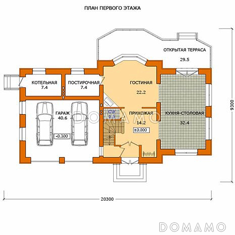Проект дома с цокольным этажом и большой кухней-столовой / План 1 этажа