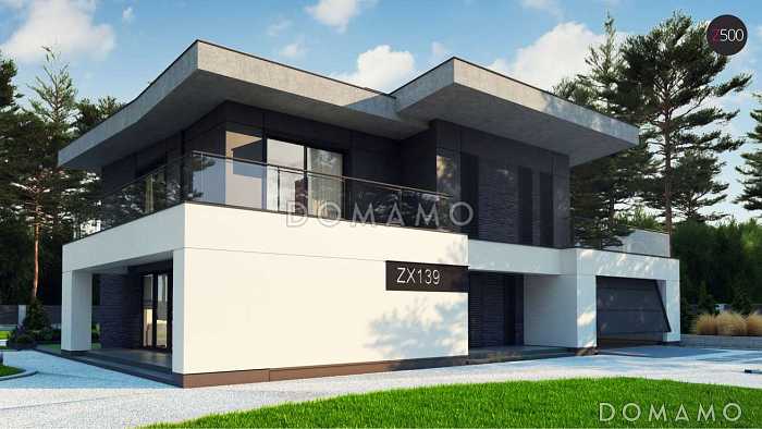 Проект современного двухэтажного дома из кирпича с пятью спальнями, с гаражом для двух автомобилей и террасами на обоих уровнях