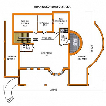 Проект дома из газобетона для неровных участков / План цокольного этажа