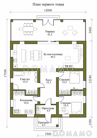 Проект одноэтажного газобетонного дома с мансардой, вторым светом и крытой террасой / План 1 этажа