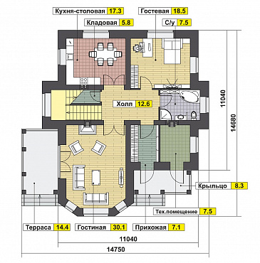 Проект оштукатуренного двухэтажного коттеджа в стиле модерн / План 1 этажа
