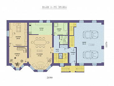 Проект двухэтажного дома с бассейном на цокольном этаже, гаражом и двумя эркерами / План 1 этажа
