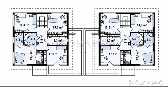 Проект двухэтажных домов-близнецов из газобетона с открытой террасой над большим гаражом  / План мансардного этажа