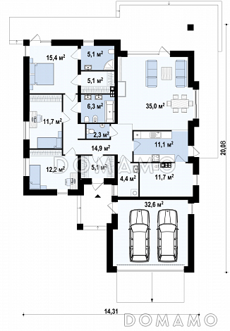 Проект одноэтажного дома из газобетона со свободной планировкой на мансардном этаже и с большим гаражом и техническим помещением / План 1 этажа