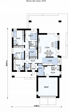 Проект комфортного одноэтажного дома из газобетона с тремя спальнями, кабинетом и гаражом / План 1 этажа