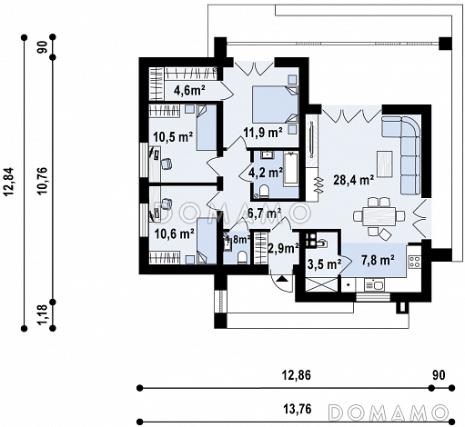 Проект компактного одноэтажного дома из газобетона с плоской крышей, с тремя спальнями и угловой крытой террасой / План 1 этажа
