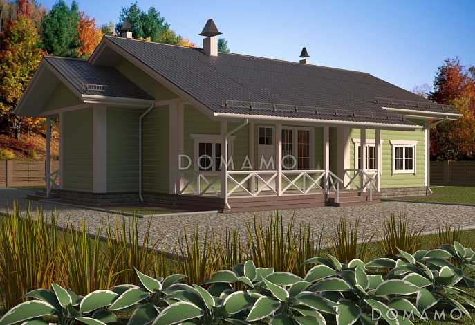 Проект одноэтажного каркасного дома с двумя крытыми террасами и сауной