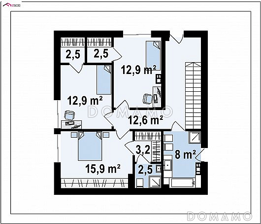Проект современного двухэтажного дома из кирпича с подземным гаражом и террасой на втором этаже по периметру дома / План 2 этажа
