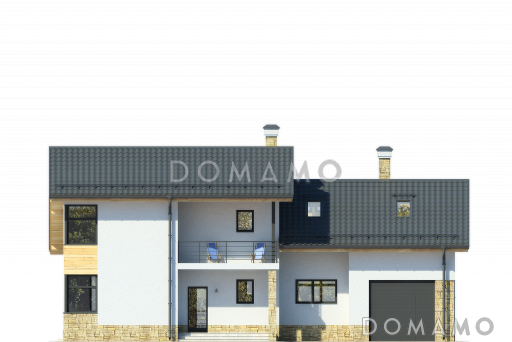 Частный дом с крытой террасой, гаражом на 1 машину, спальней на первом этаже, гостиной на первом и мансардном этаже / Фасад 2