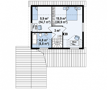 Проект компактного одноэтажного мансардного дома из газобетона с тремя спальнями, фронтальной террасой и гаражом / План мансардного этажа