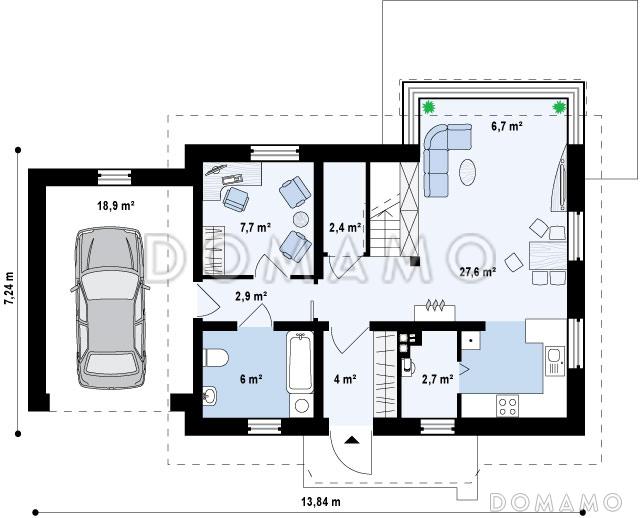 Проект одноэтажного мансардного дома из кирпича с открытой террасой над гаражом / План 1 этажа