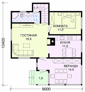 Проект вместительного загородного дома с уютной верандой и отличной планировкой / План 1 этажа