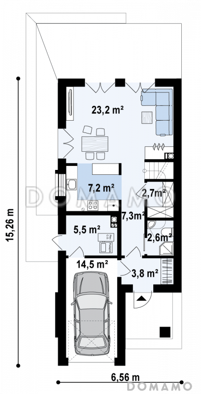 Проект компактного двухэтажного дома из кирпича современного дизайна с гаражом / План 1 этажа