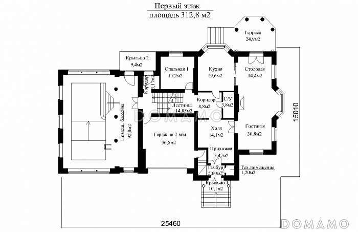 Проект двухэтажного особняка в классическом стиле, с бассейном, зимним садом и просторной террасой второго этажа  / План 1 этажа