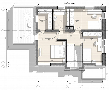 Проект двухэтажного дома из газобетона с кабинетом на первом этаже, тремя спальнями и балконом / План 2 этажа