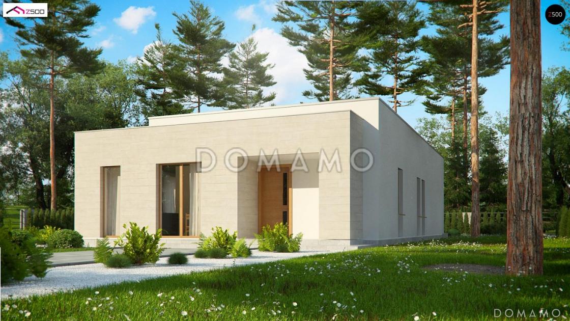 Проект одноэтажного дома из кирпича с плоской крышей, с угловым остеклением гостиной / 1