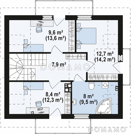 Проект одноэтажного мансардного дома из газобетона с эркером, тремя  балконами и вертикальным мансардным окном / План мансардного этажа