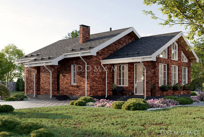 Проект одноэтажного дома с большим чердаком, просторной крытой верандой и двухскатной кровлей