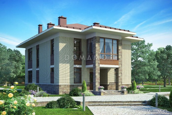 Проект двухэтажного дома с большой гостиной, четырьмя спальными комнатами и балконом