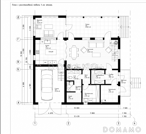 Проект двухэтажного каркасного дома с мансардой и гаражом / План 1 этажа