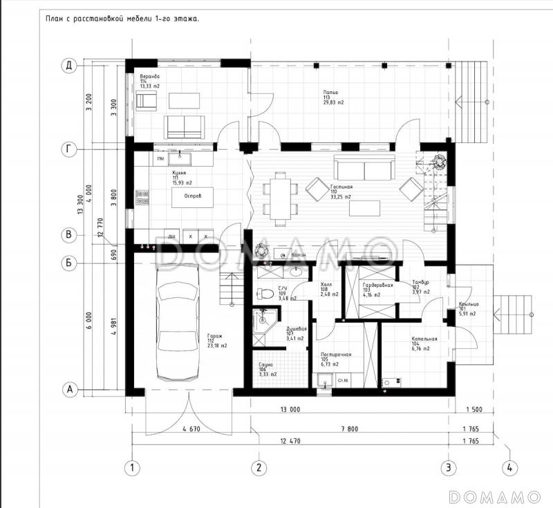 Проект двухэтажного каркасного дома с мансардой и гаражом / План 1 этажа