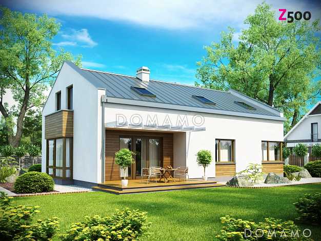 Проект просторного мансардного двухэтажного дома из кирпича с пятью комнатами, эркером и террасой над гаражом