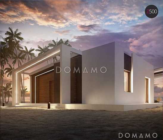 Проект компактного одноэтажного дома из кирпича с косой крышей и с двумя спальнями