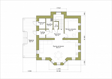 Проект классического коттеджа 10х10 с террасой из кирпича / План 1 этажа